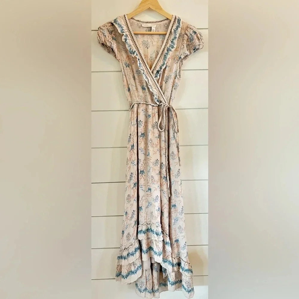 Chelsea & Violet Plisse Ruffle Deep V-Neck Long Smocked Tiered Maxi Dress